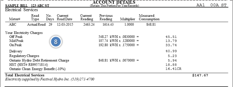 Under account usage you will get a break down on the charges for your electricity bill. If you are on Time of Use billing it will illustrate the usage at On-Peak, Mid-Peak, and Off-Peak times.