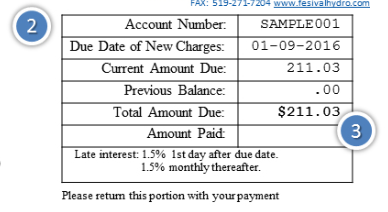 The box on the top right of your bill wil display the account number, billing date and information about the account balance.